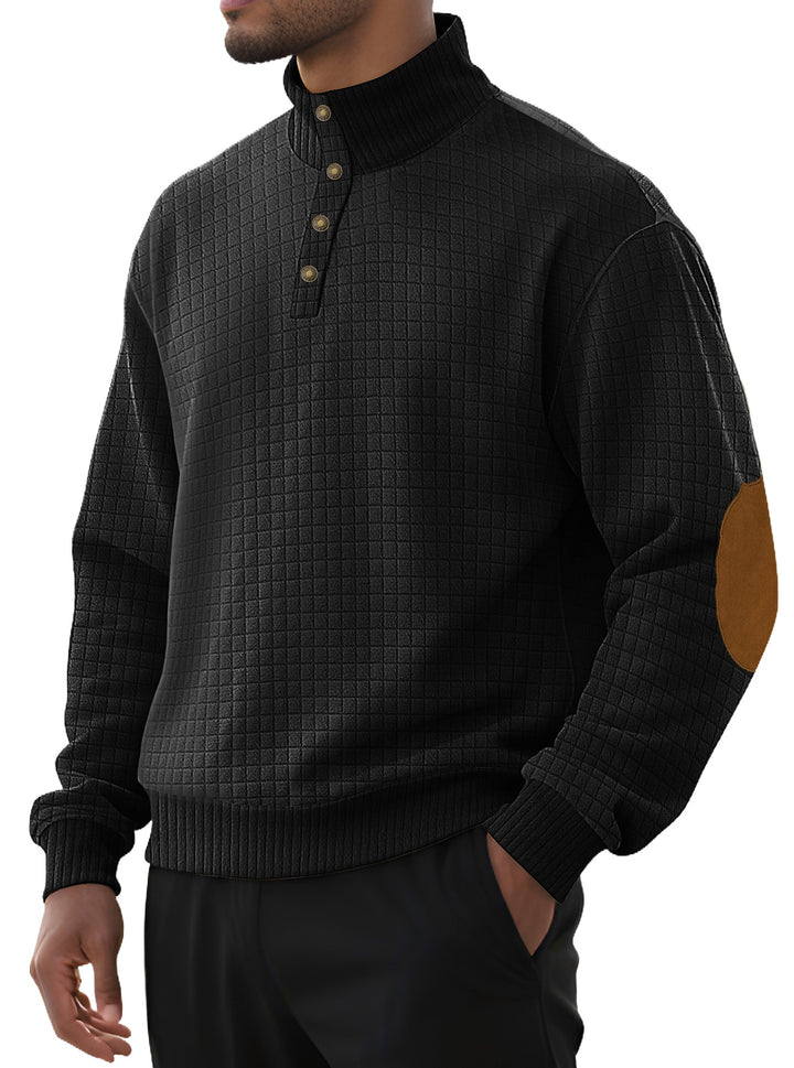 Herrer nan rutet quiltet sweatshirt med henley-lukning høj krave og velour albue-patch Skovae