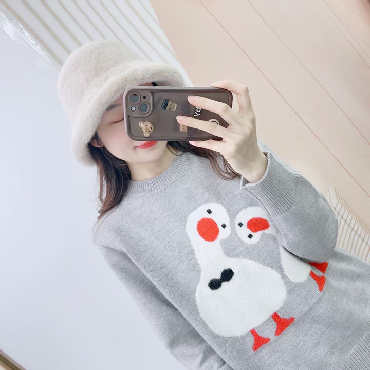 Dame Rund hals sweater med kreativ dyremaskesting Stilla