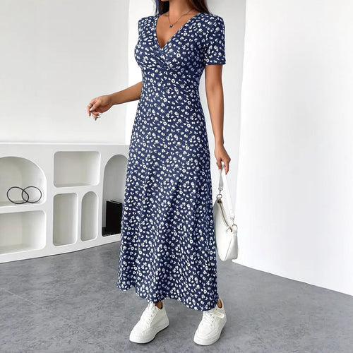 Dame nan taillérisk Jersey-midi kjole med crossover-overdel, korte ærmer og udstillet skirt Skovae