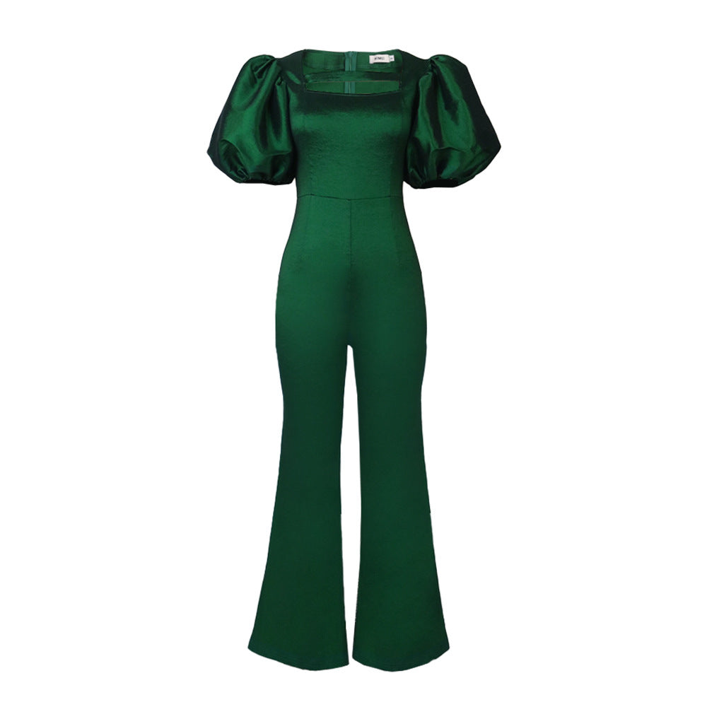 Dame elegant jumpsuit med puffærmer og kvadratisk uddybning Skovae