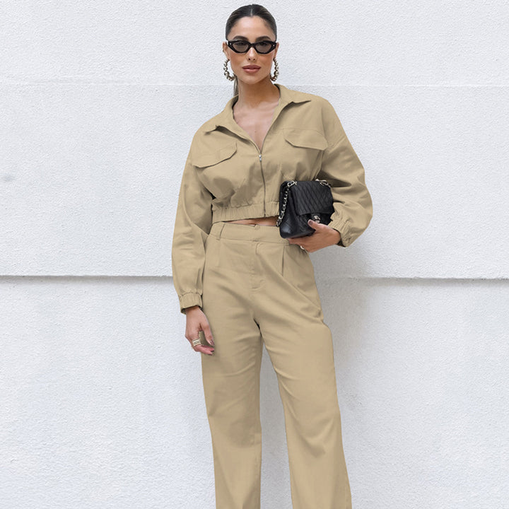 Dame Casual To-delt Sæt med cropped Jakke og bred Bukser Stilla