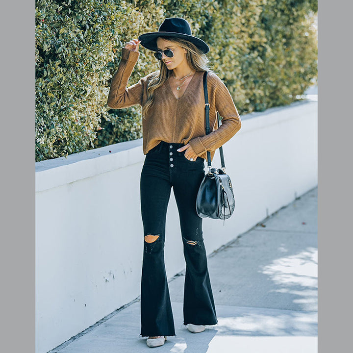 Dame Elegant Bootcut-Jeans med høje knapper og destroyed-detaljer Stilla