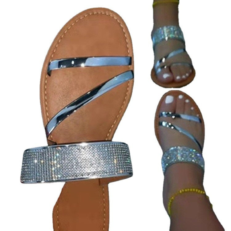 Dame sandaler med skinnende dekorativt bånd og komfortable stropper Stilla