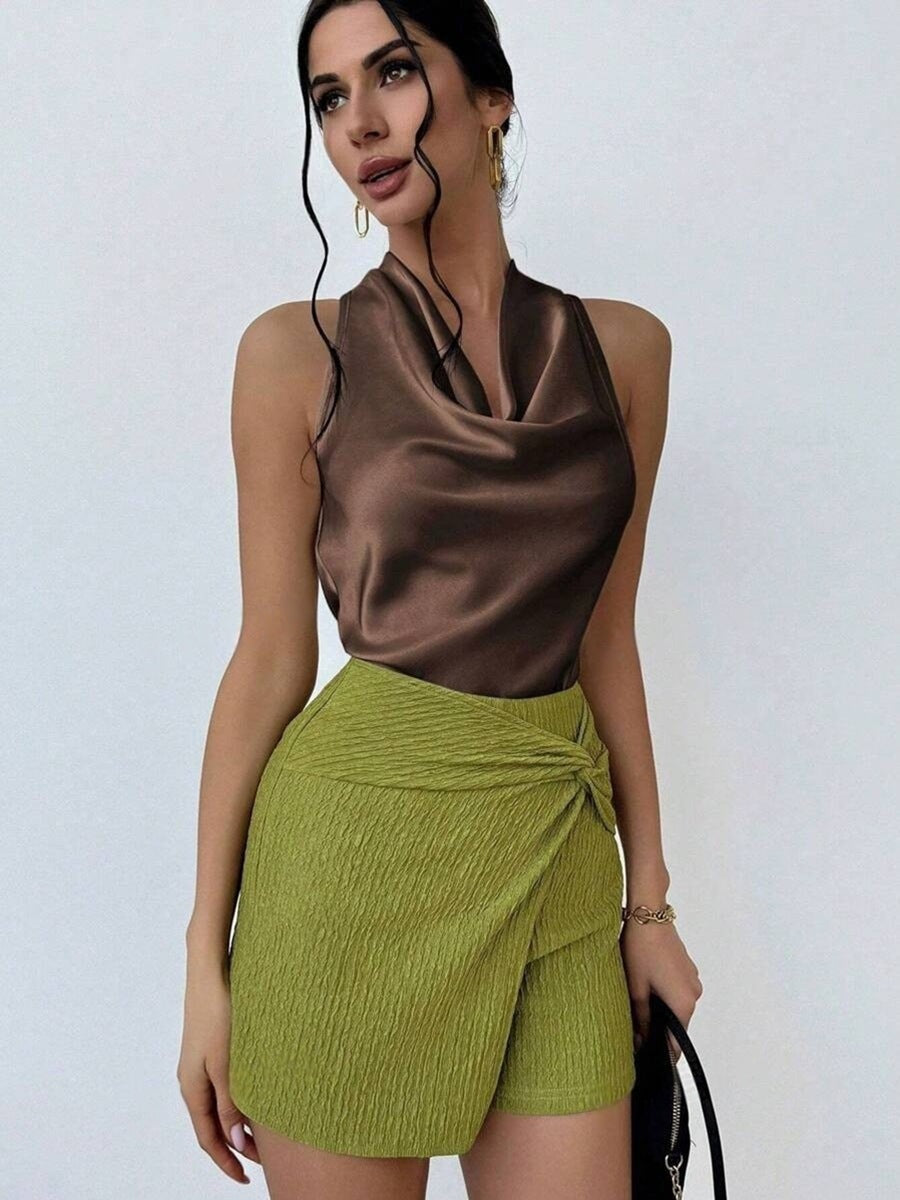 Dame Elegant satin top med smart vandfald udskæring Skovae