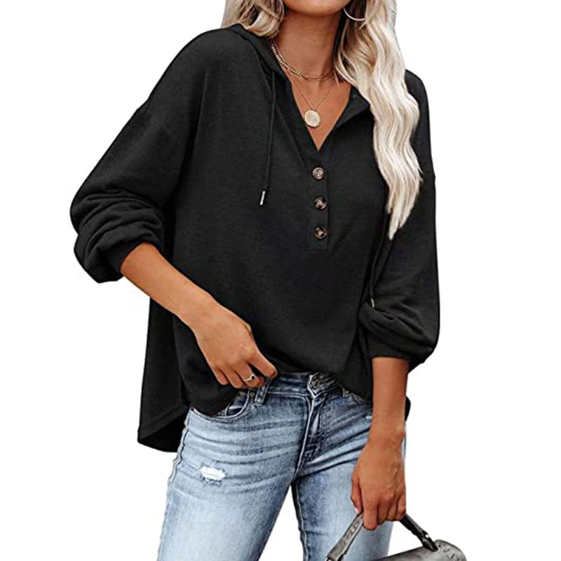 Dame afslappet hættebluse med knapstolpe og oversized snit Stilla