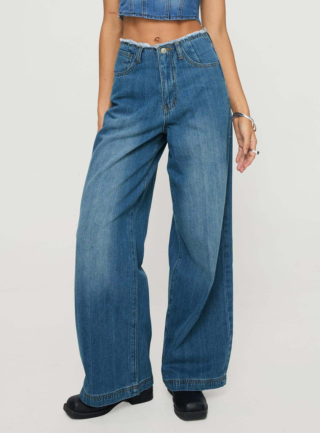Dame brede Denim-jeans med høj talje og frynset kant Skovae