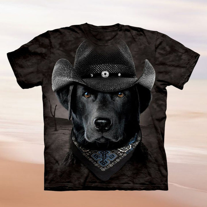 Kvinders T-Shirt med kreativt hundemotiv og cowboyhat-design Stilla