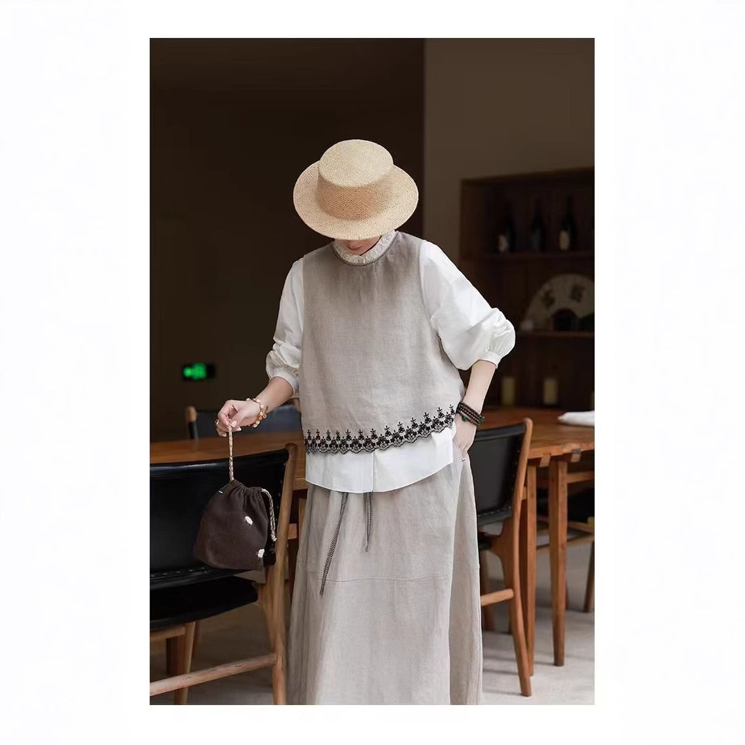 Kvinde Broderet Linned Lagdelt Vest Stilla