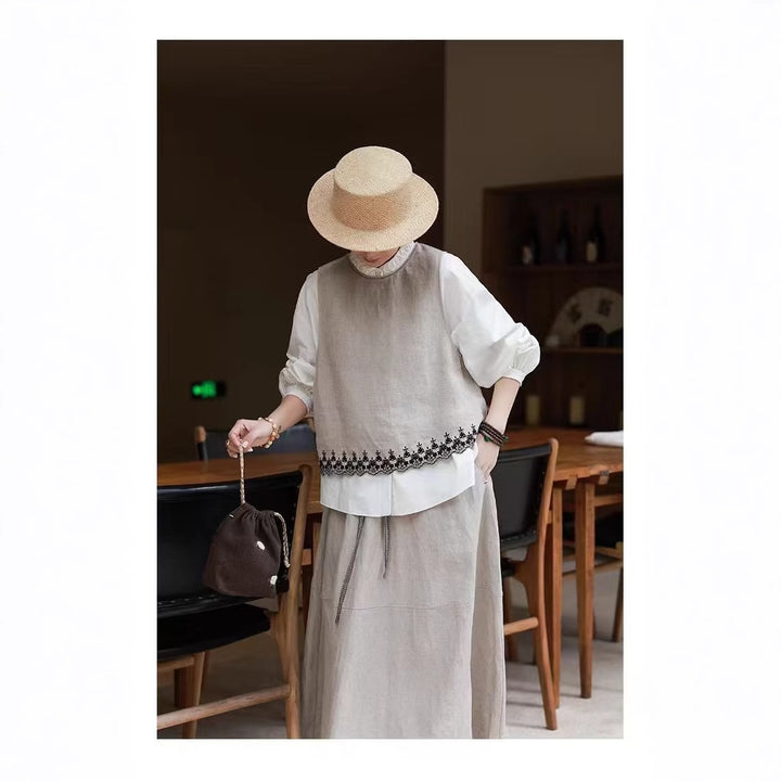 Kvinde Broderet Linned Lagdelt Vest Stilla