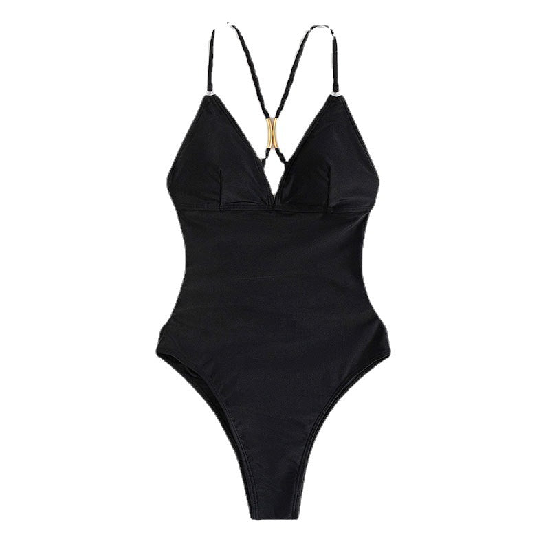 Dame jumpsuit badedragt med dyb V-hals og elegante stropper Skovae