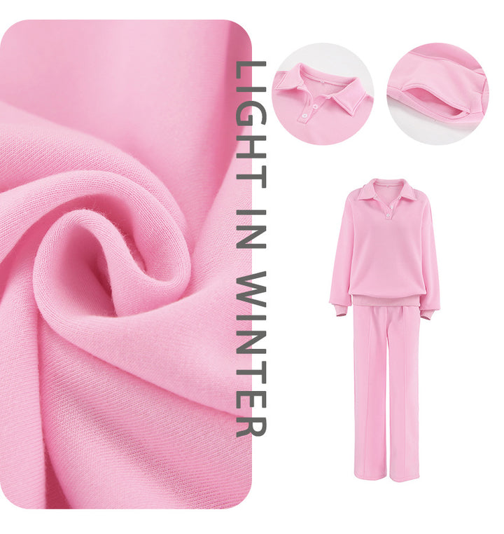 Dame behageligt loungewear-sæt med løstsiddende snit og elegant krave Stilla