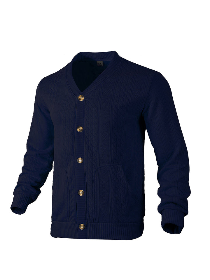 Herrer nan elegant fletsstrikket cardigan med V-hals knapliste og påsyede lommer Skovae