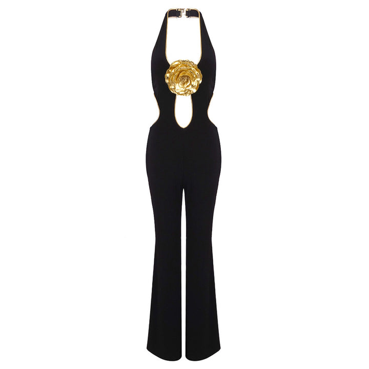 Dame glamorøs Jumpsuit med dyb udskæring og gyldne detaljer Stilla