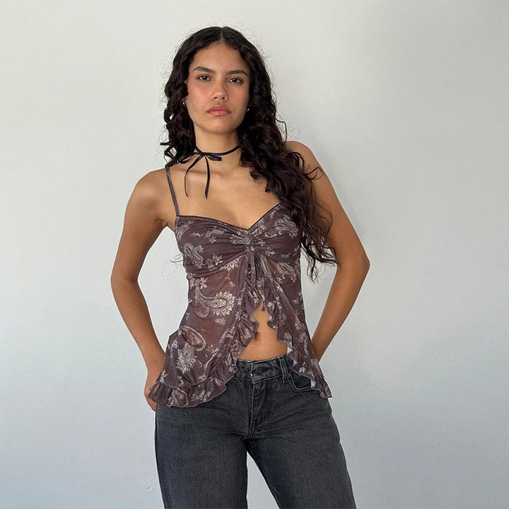 Kvinder Rüsch Paisley Tryk Spaghetti-Top Stilla