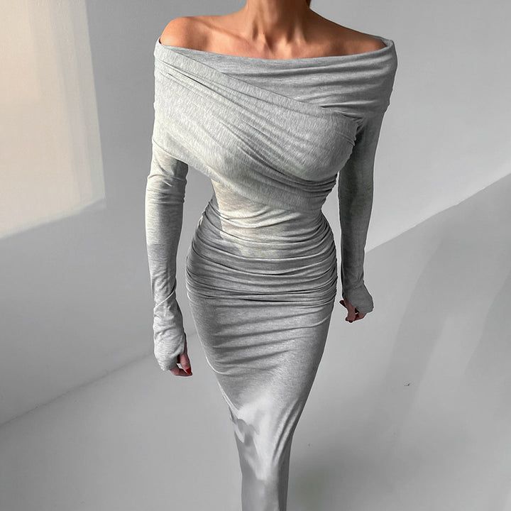 Dame Elegant Langærmet kjole med volangdetaljer og skulderfri design Stilla