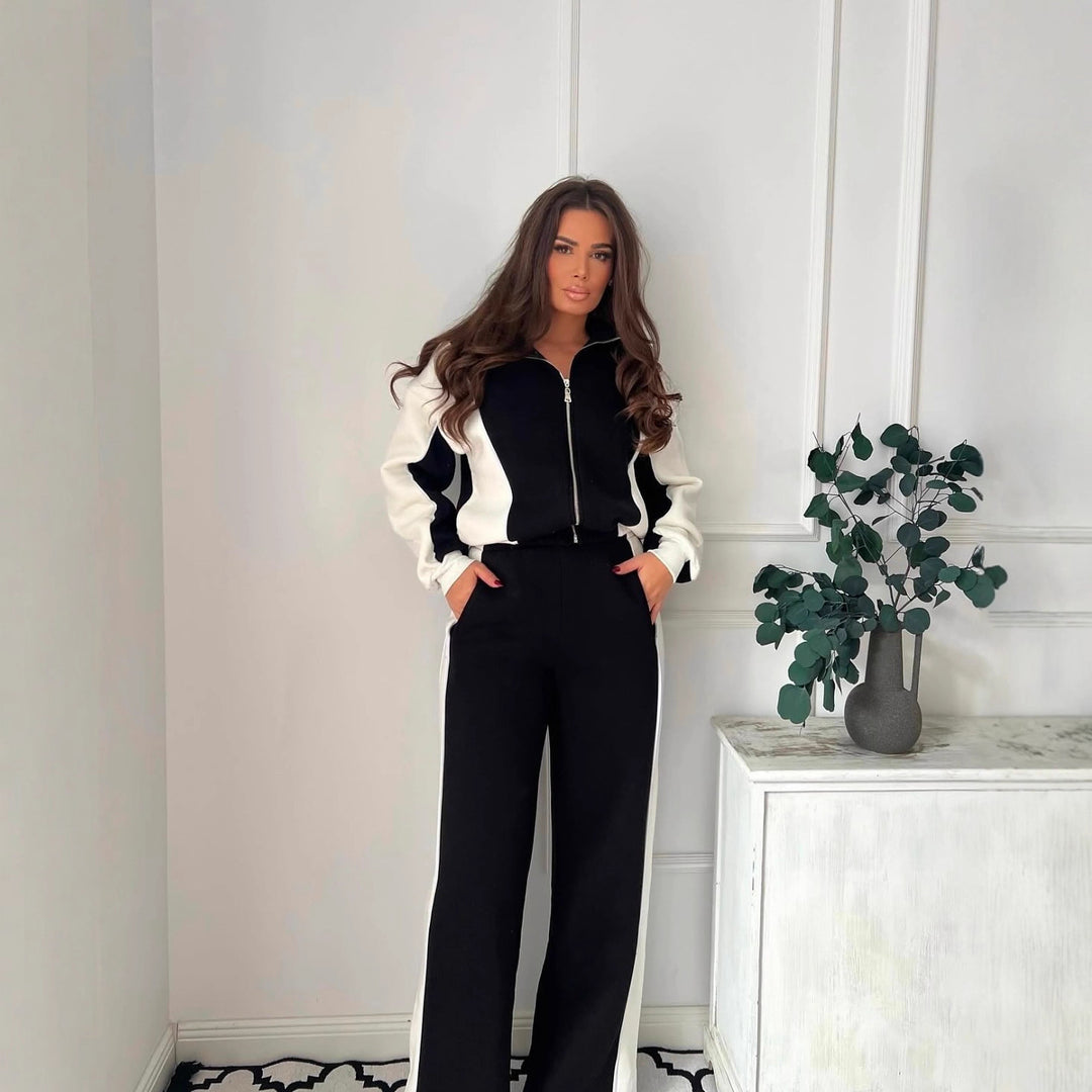 Kvindernes sporty loungewear sæt med høj krave og side kontraststriber Skovae