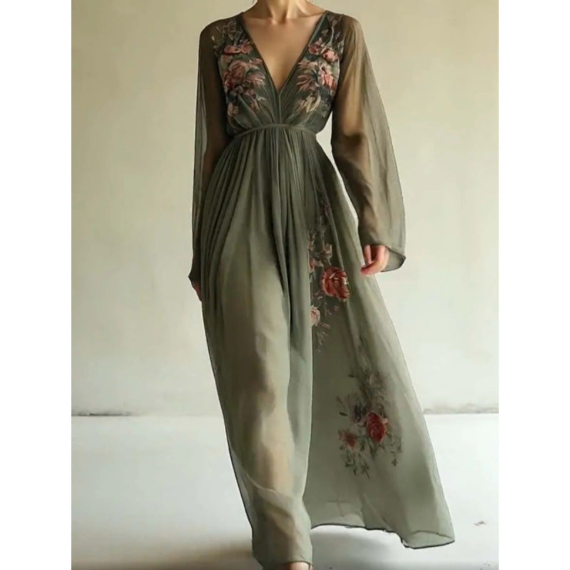 Dame Broderet Chiffon Maxi Kjole Stilla