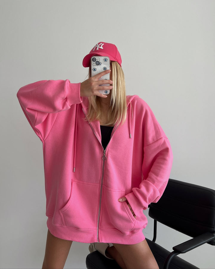 Kvinders oversized hættetrøje jakke med fuld lynlås og store lommer Skovae