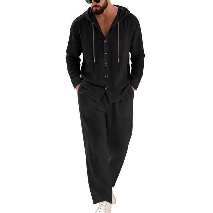 Herrer to-delt lounge-sæt med knap-hoodie skjorte af crepe jersey og lige tunnelbånd bukser Skovae