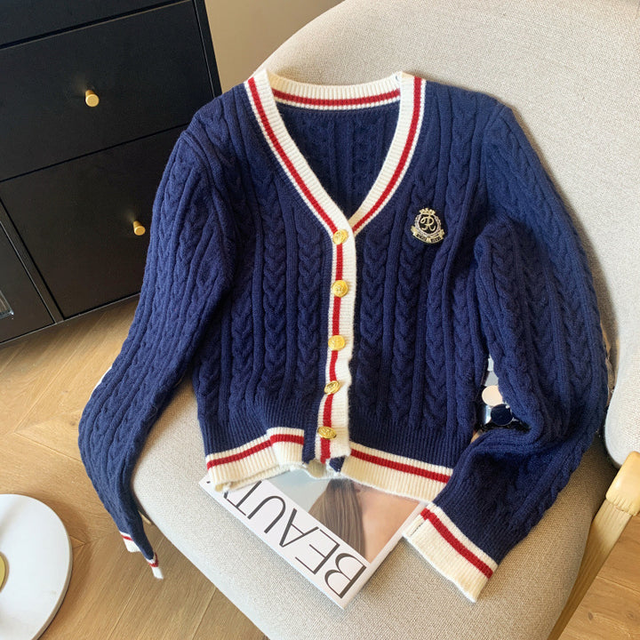 Kvinders chunky strik cardigan med dekorationsknapper og sporty stribemønster Stilla