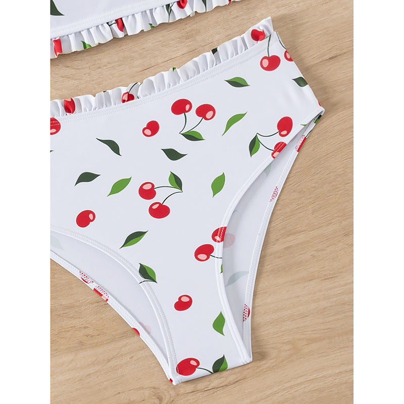Damer Bandeau-bikini med glædeligt kirsebærmønster og elegant flæse Skovae