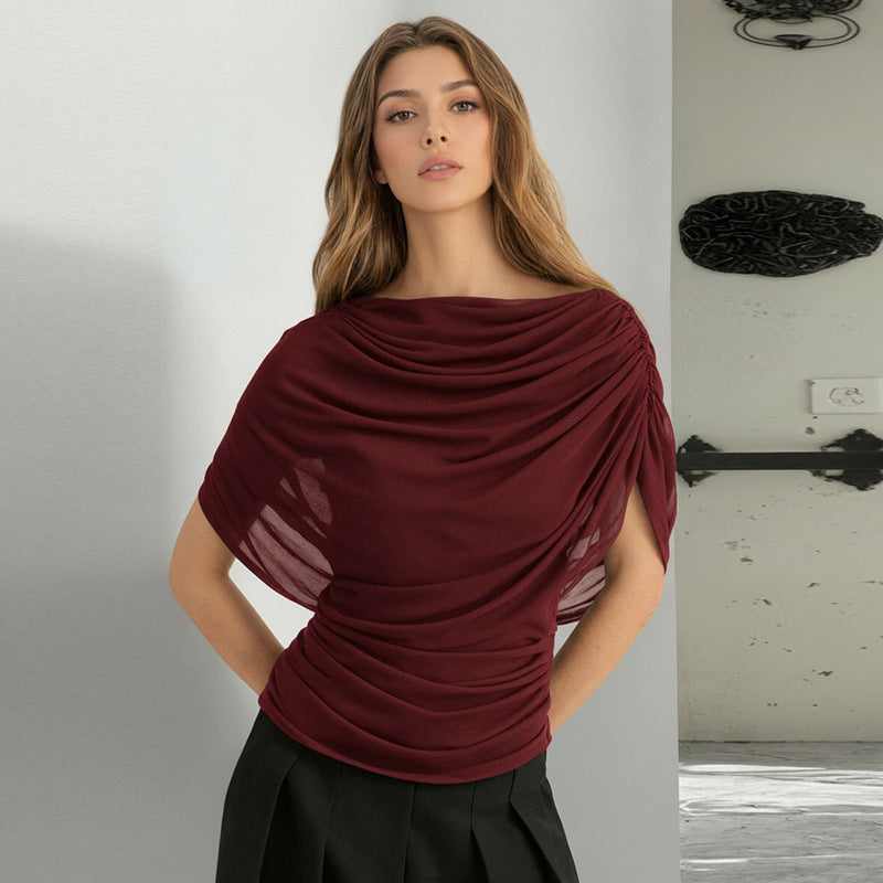 Dame wrap top med dekorativt flæse-detalje og tætsiddende pasform Skovae