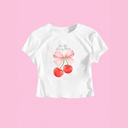 Dame crop-top med glad kirsebærmotiv og sløjfetryk Skovae