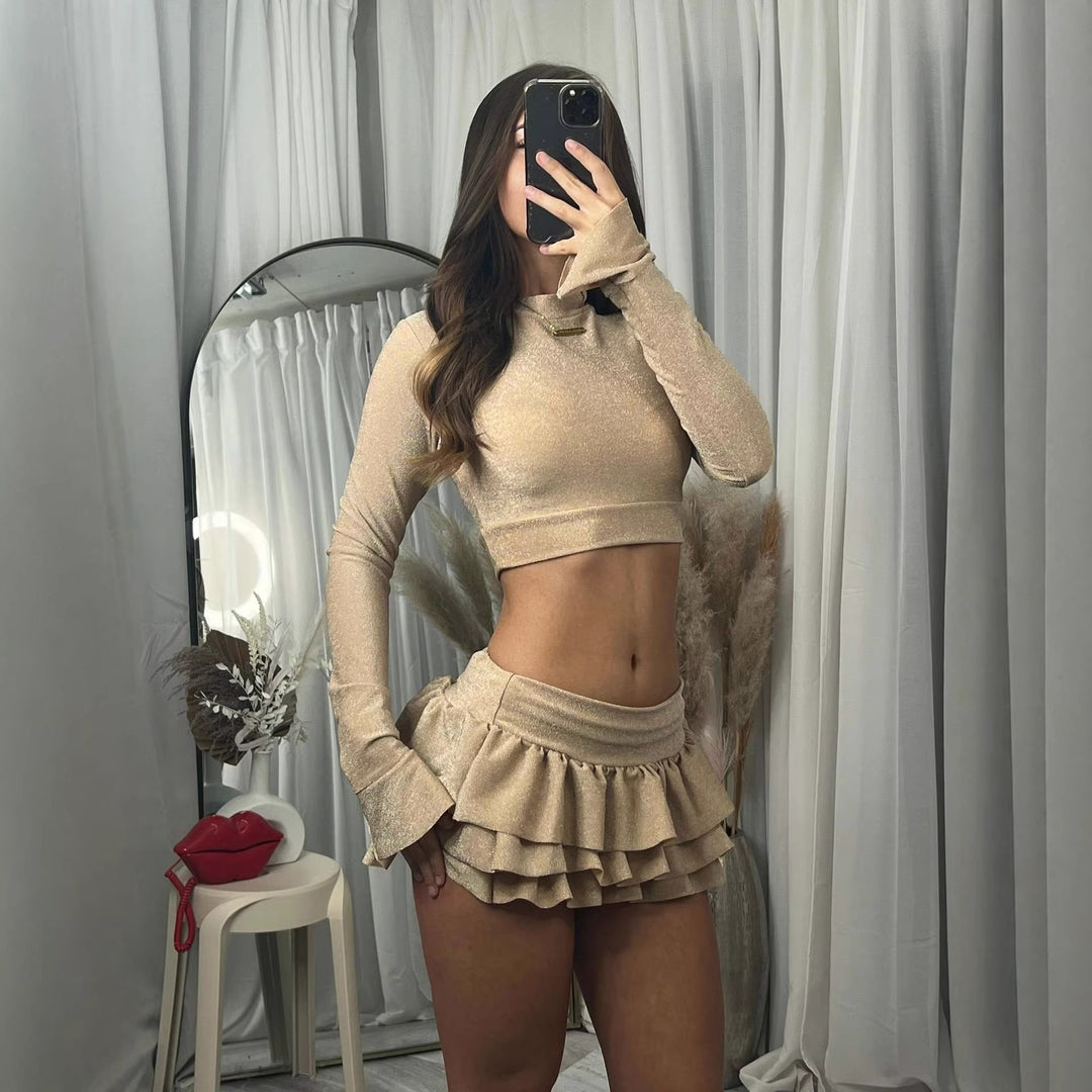 Kvindernes fashionable crop top og plisseret mini nederdel sæt Skovae