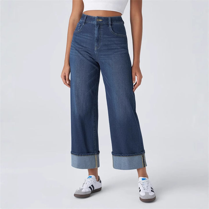 Kvinder Bred Skåret Denim Bukser med Opfoldet Kant Stilla