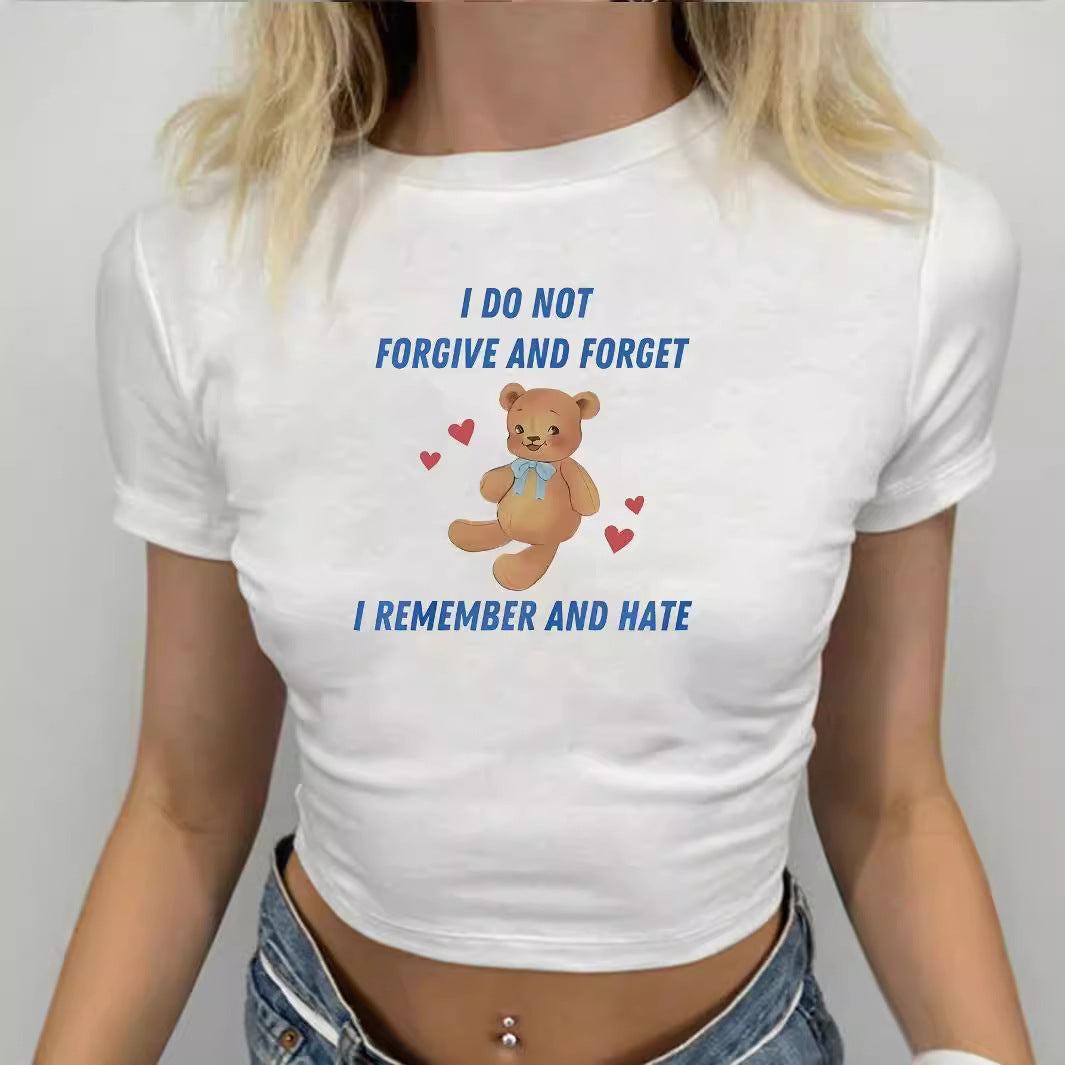 Dame Crop-T-Shirt med kreativt bjørnemotiv og sjovt citat Skovae