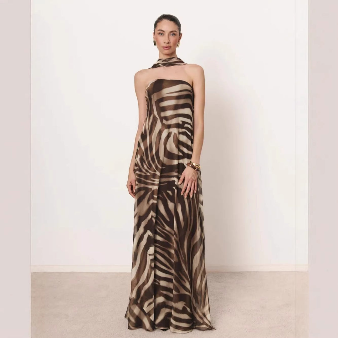 Dame Elegant lang kjole med smal halterneck 드룬