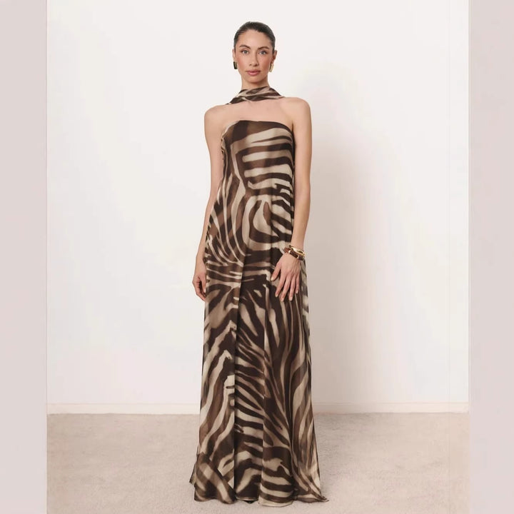 Dame Elegant lang kjole med smal halterneck 드룬