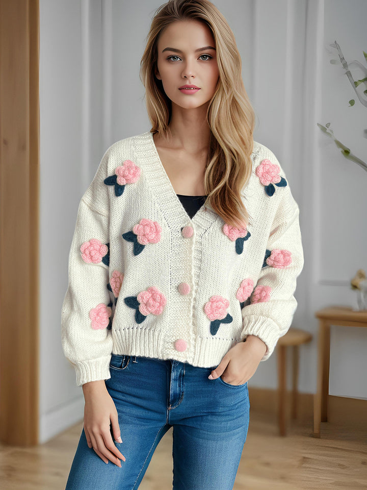 Kvinders hyggelige cardigan med blomster 3D-design og store knapper Stilla