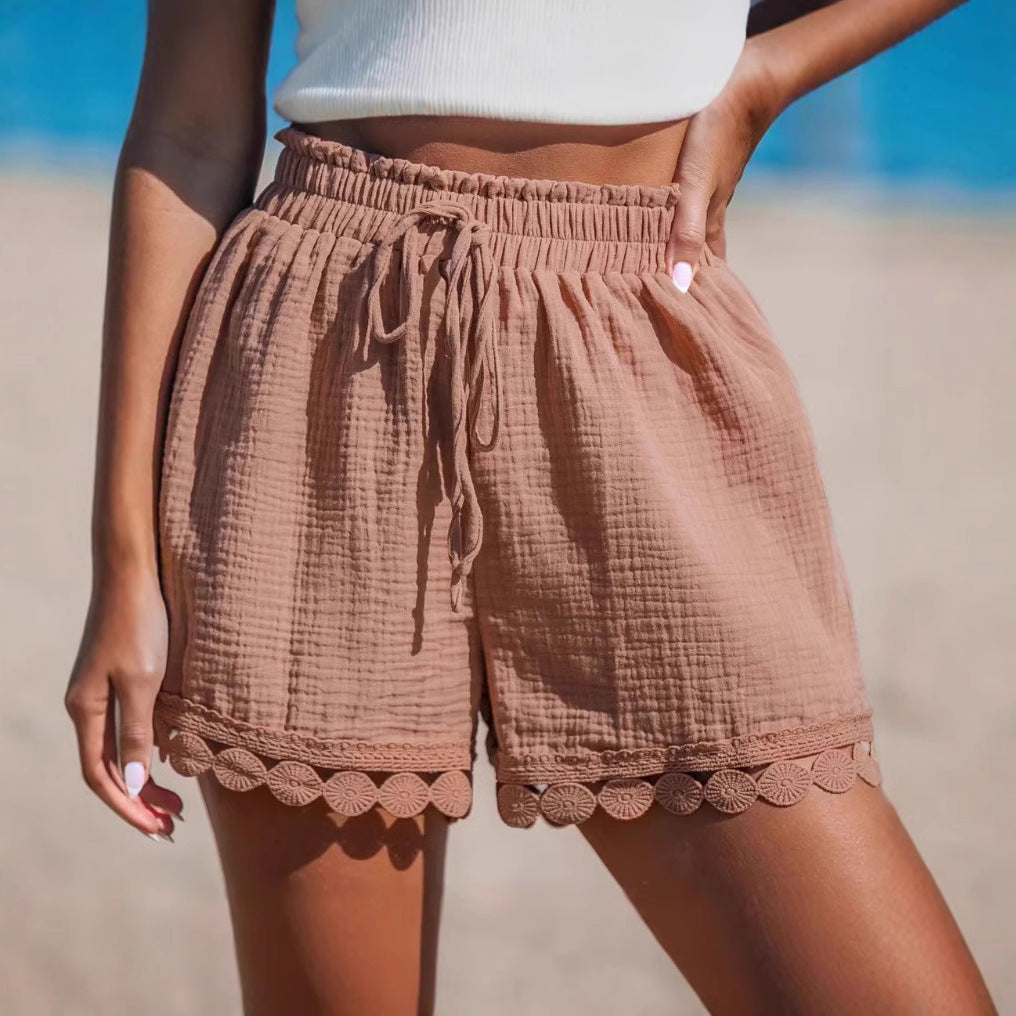 Dame løs shorts med elastisk talje og dekorativ hækleafslutning Stilla