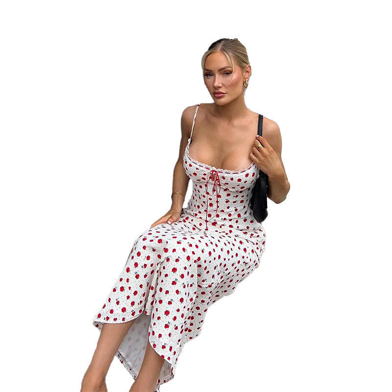 Dame blomster-midi kjole med justerbare spaghetti stropper og elegant rynkning Skovae