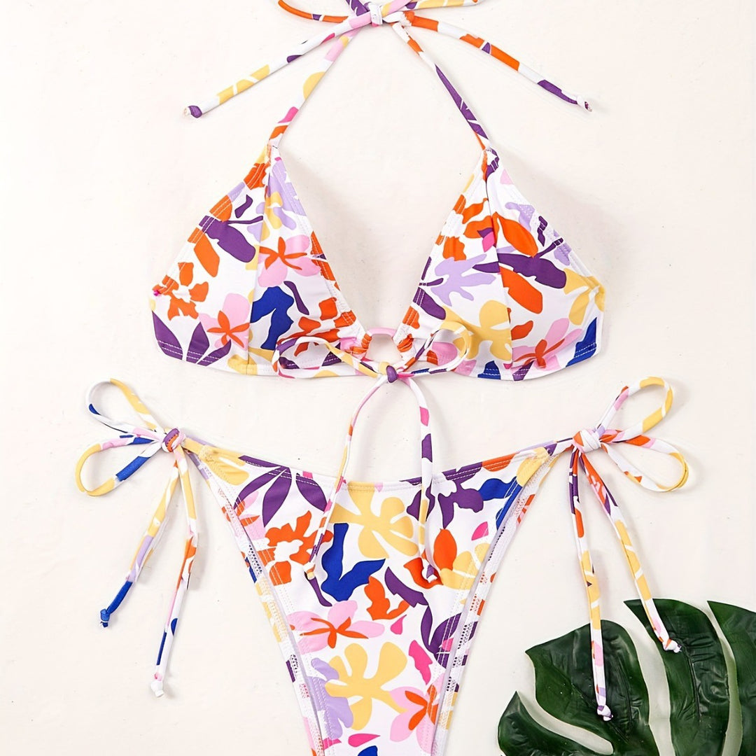 Dame Triangel-Bikini med justerbare snore og glad blomsterdesign Skovae