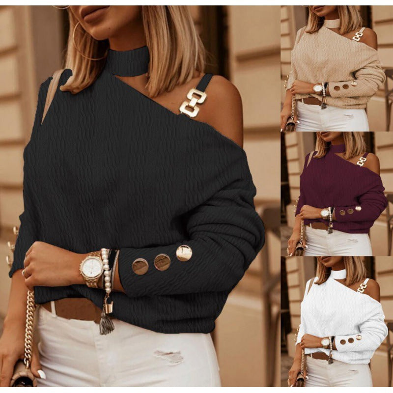 Damer modischer pullover med off-shoulder-design og metalliske accenter Stilla