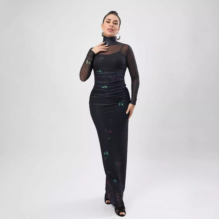 Dame Elegant Maxikjole med transparente ærmer og floraltryk Stilla