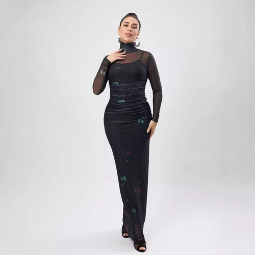 Dame Elegant Maxikjole med transparente ærmer og floraltryk Stilla