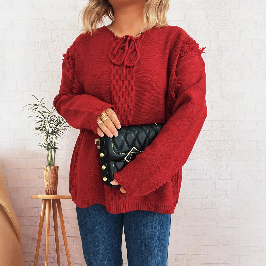 Kvinders chunky strikket sweater med afslappede frynser og dekorativ kabel-design Stilla