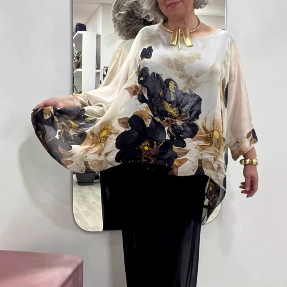 Dame let chiffon tunika med blomsterdesign og brede ærmer Stilla