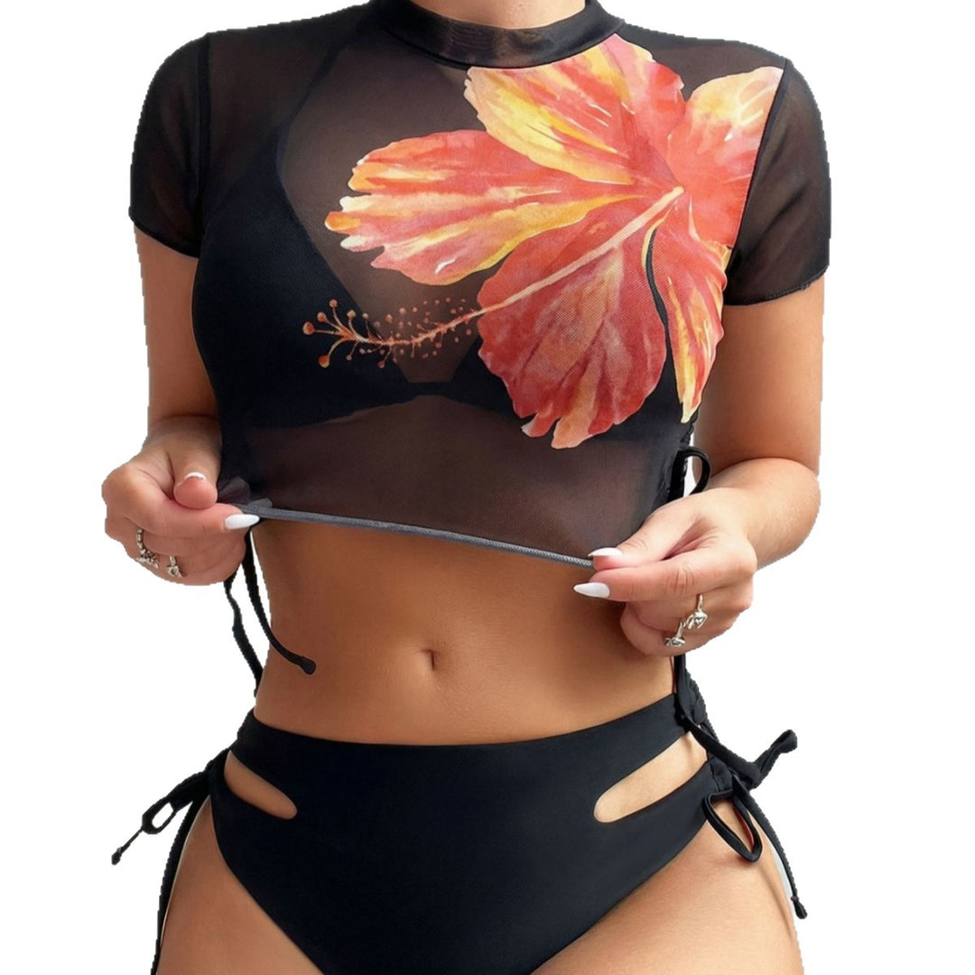 Dame Bikini-sæt med asymmetrisk top og blomsterdesign Skovae