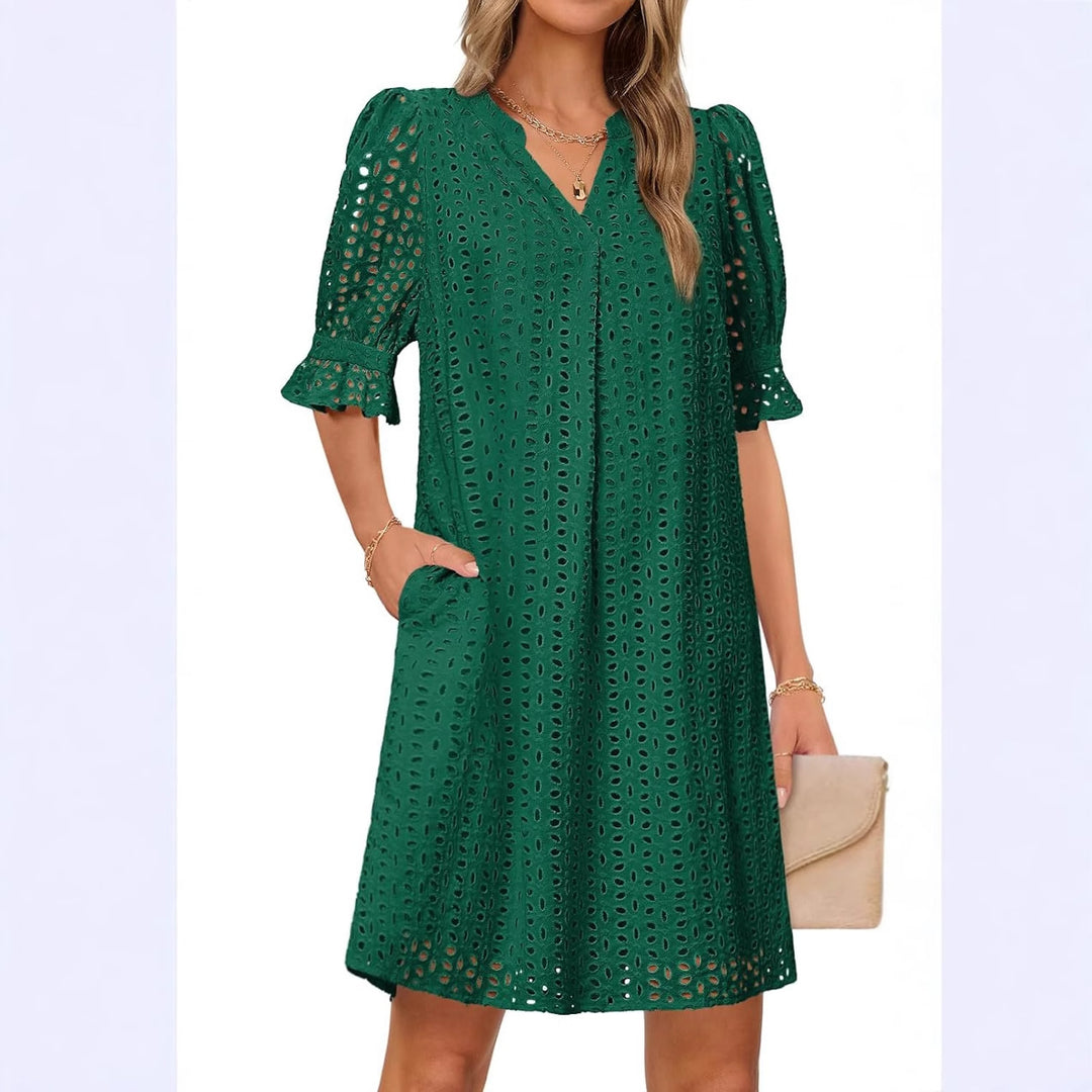 Kvinder Eyelet Midi Kjole med Puffærmer Stilla
