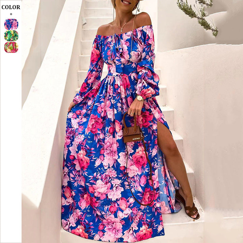 Dame Maxi-kjole med tropisk blomsterdesign og skulderfri design Stilla
