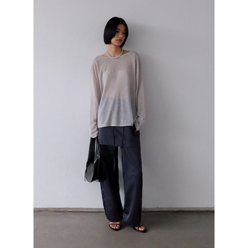 Dame langærmet oversized T-shirt med elegant rund halsudskæring og fint struktureret overflade Stilla