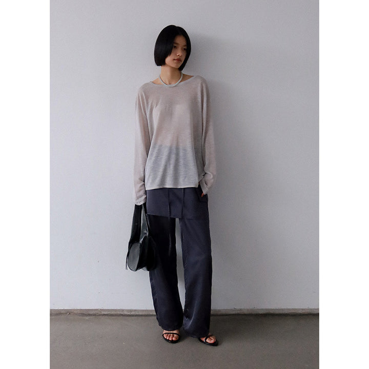 Dame langærmet oversized T-shirt med elegant rund halsudskæring og fint struktureret overflade Stilla