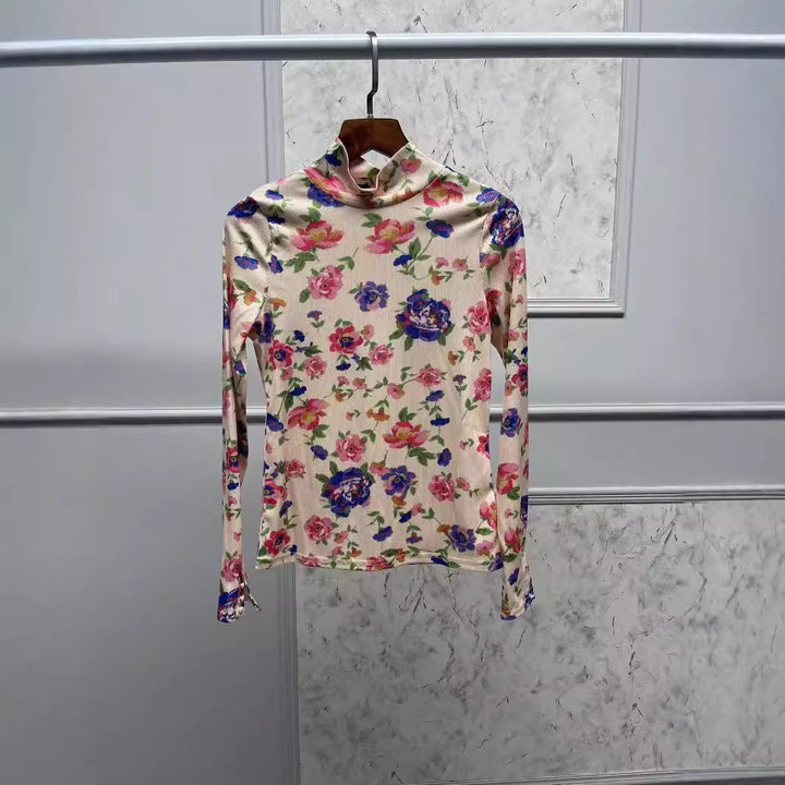 Dame Langærmet top med blomsterprint og høj krave Stilla
