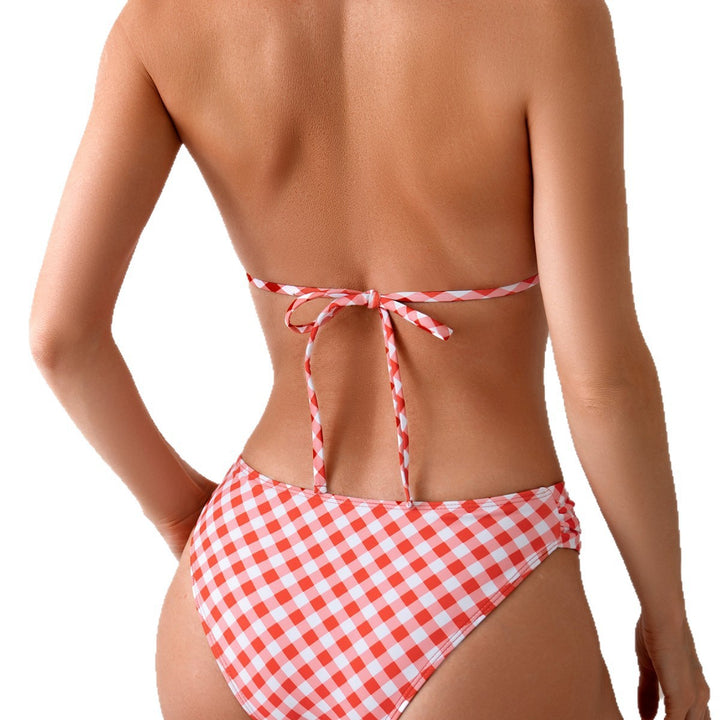 Dame triangel-bikini med legende ternet mønster og elegante sløjfer Skovae