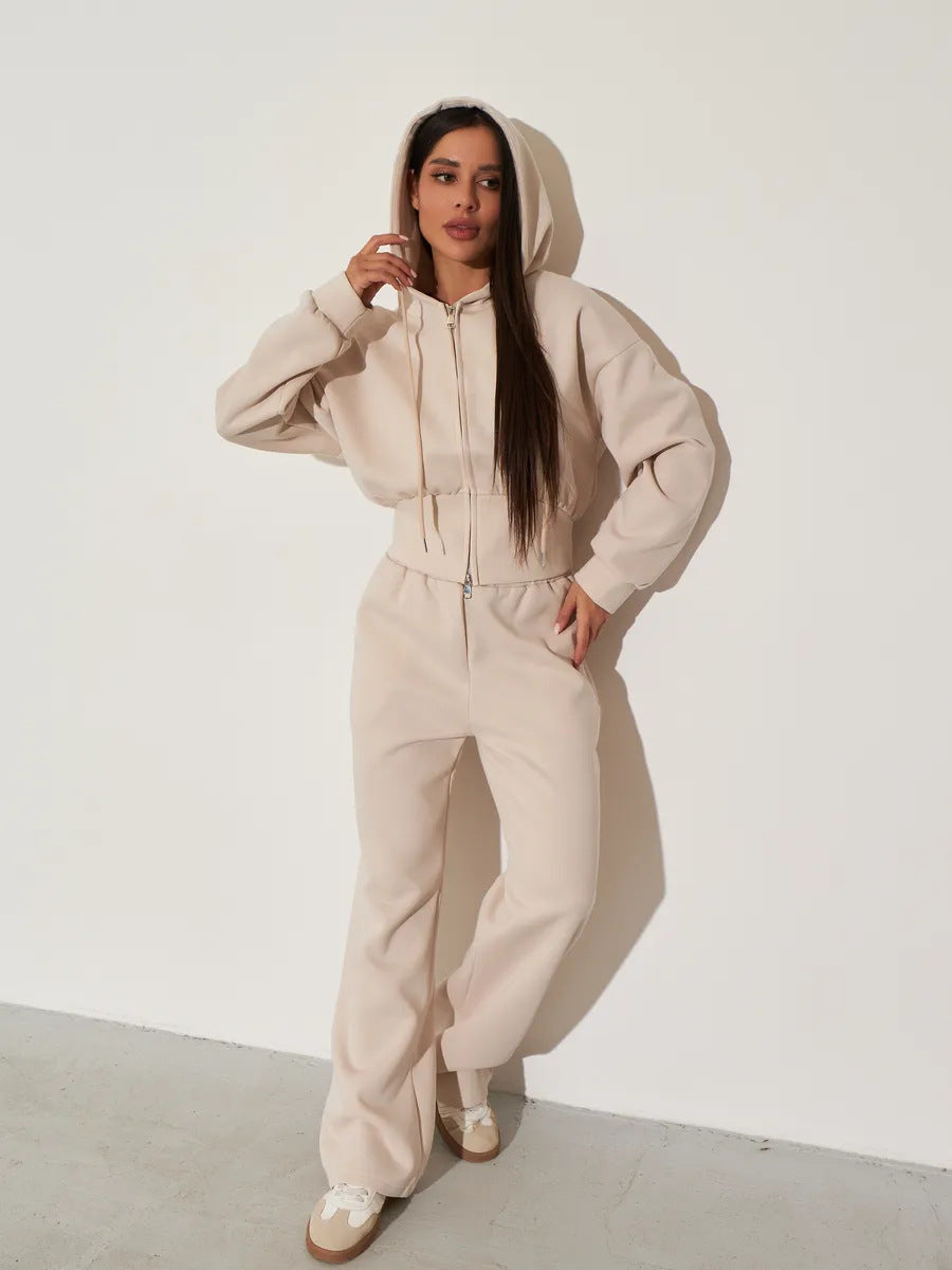 Kvinders afslappede hoodie top og brede sweatpants sæt med høj talje og lynlås Skovae