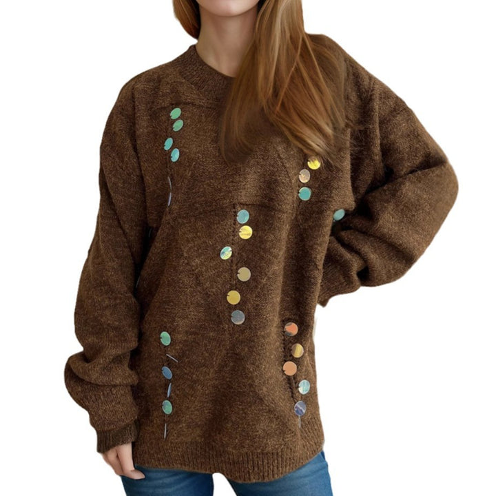 Dame hyggelig strikket pullover med glitrende perler Stilla